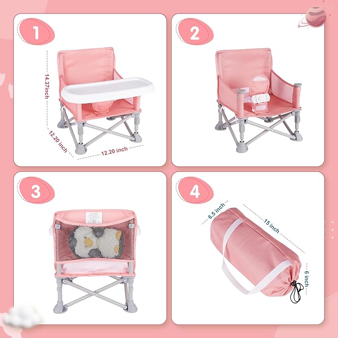 Portable Baby Booster Seat with Tray, Toddler Booster seat for Dining, Camping, Travel, Baby Beach Chair 6 Months to 3 Years Old Indoor Outdoor Use Pink