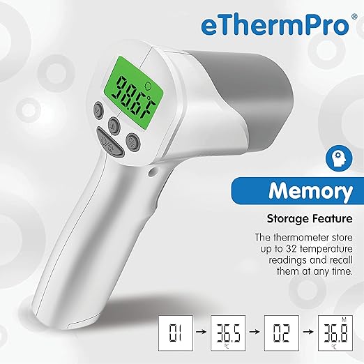 Elepho eTherm Pro Medical Quality Non-Contact IR Forehead Thermometer for Family or Office Use. Instant Body, Object, or Liquid Readings. Large LCD Display. 32 Memory Readings