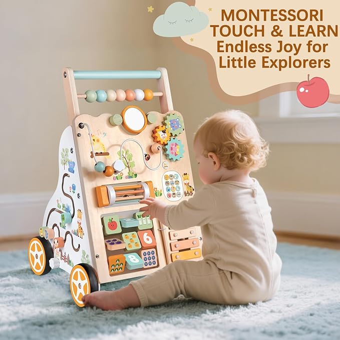 Baby Push Walker, Wooden Baby Walker with Wheels, Montessori Activity Center for 1 Year Old Boys Girls, Adjustable Speed & Height Push Toy for Toddlers, Educational Gift for Ages 1+ Kids Development
