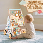 Baby Push Walker, Wooden Baby Walker with Wheels, Montessori Activity Center for 1 Year Old Boys Girls, Adjustable Speed & Height Push Toy for Toddlers, Educational Gift for Ages 1+ Kids Development