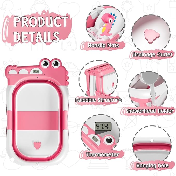 MoreFeel Collapsible Baby Bathtub for Newborn with Thermometer & 1 Hooded Towel & 1 Soft Floating Cushion,Portable Travel Bathtub with Drain Hole, Durable Foldable Baby Tubs for Infants to Toddler