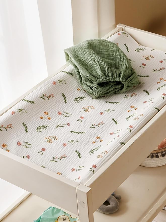 TILLYOU Muslin Changing Pad Cover for Baby Girls Boys, Soft and Breathable Cotton Diaper Changing Table Cover, 2 Pack(Daisy)