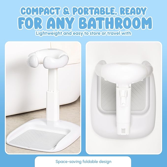 Baby Bath Adjustable Shower Stand with Stool- Secure Infant & Toddler Bath Support, Non-Slip Stool & Foldable Stand