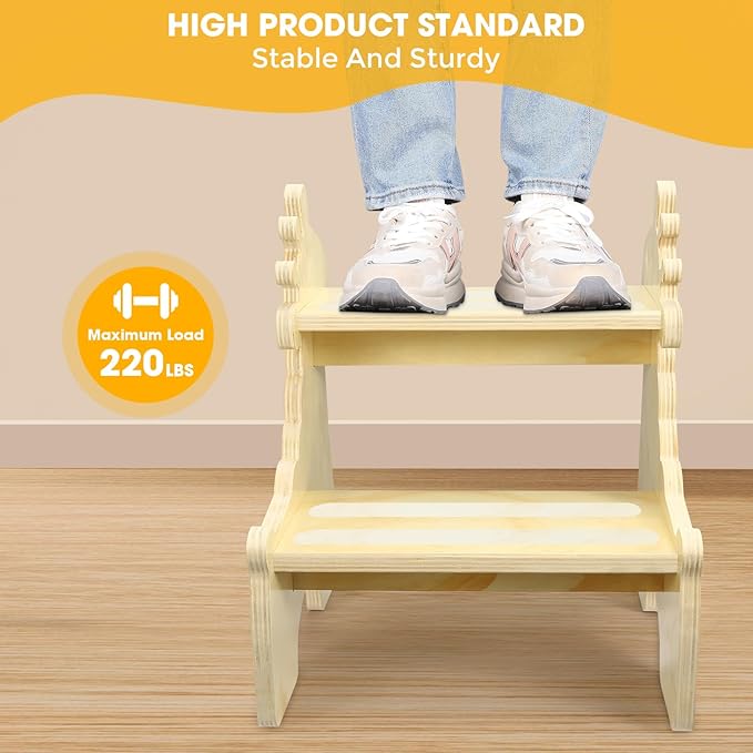 Toddler Step Stool, 2-Step Wooden Step Stool for Toddlers with Non-Slip Base, Cute Printed Design Potty Training Stool for Bathroom Sink, Kitchen & Bedroom (Giraffe)