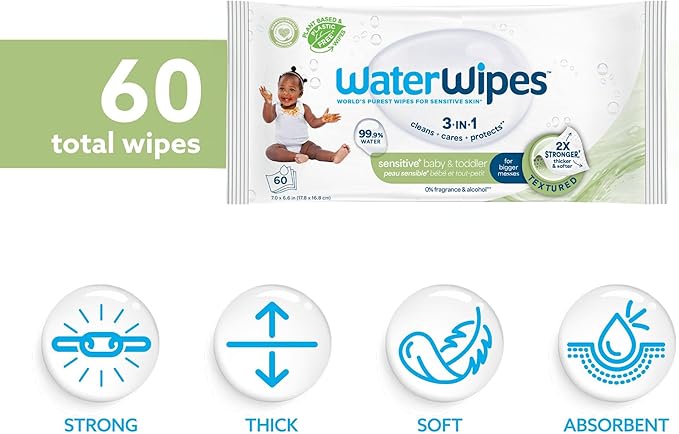 WaterWipes Sensitive+ Baby & Toddler Wipes, 3-In-1 Cleans, Cares, Protects, 99.9% Water, Textured Clean, Unscented & Hypoallergenic, 60 Count (1 Pack)