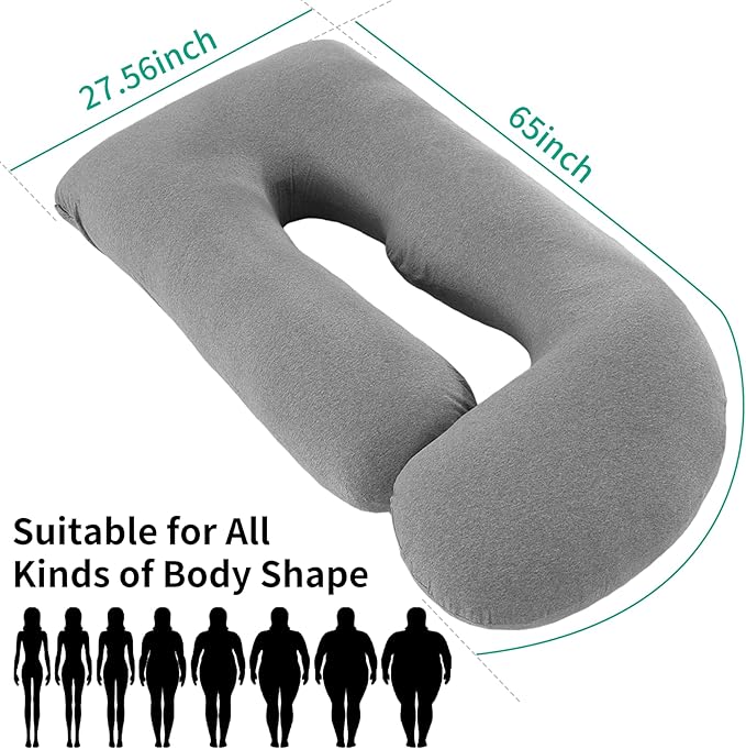 U-Shaped Pregnancy Pillow for Sleeping, Full Body Support for Back, HIPS & Belly -65 Inch Maternity Pillow with Machine Washable Cover | Maternity Essential (Jersey Knit Cotton Gray- 65inch)