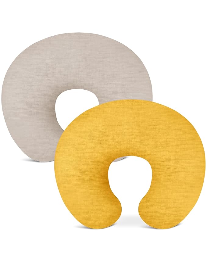 Nursing Pillow Covers 2 Pack, Muslin Nursing Cover for Breastfeeding Pillows, Comfortable for Baby Girls and Boys (Beige & Mustard Yellow)