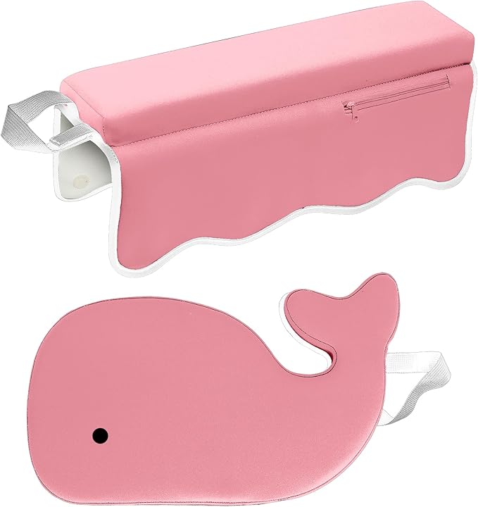 Whale Baby Bath Kneeler and Elbow Rest Set – Extra Thick Padded Cushion – Waterproof Non-Slip Mat with Storage Pockets – Bathtime Safety – Baby Shower or Registry Gift for Moms and Dads (Pink)