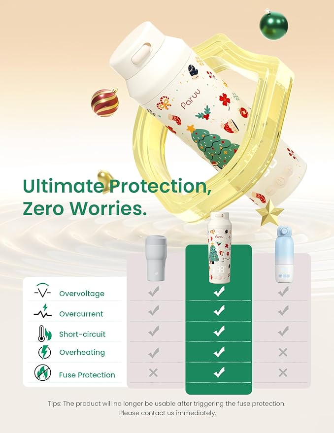 Paruu Portable Bottle Warmer for Travel, Easy-Clean Wide Mouth, Portable Milk Warmer with Fast Heating for Night Feeding, 7-Temp Control, Large 12oz Capacity, Christmas Limited Edition, Beige