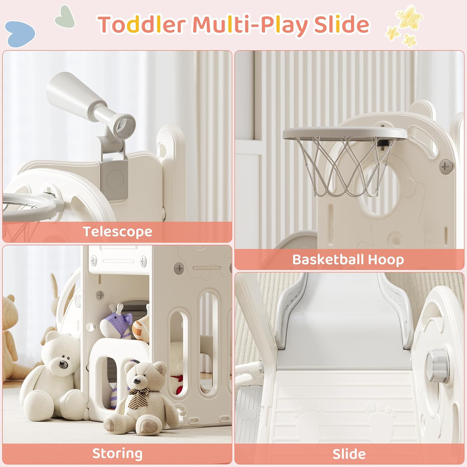 Toddler Slide Baby Slide for Toddlers Kids with Basketball Hoop Telescope Indoor Outdoor Slide Playset Playground