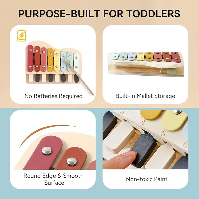 IEATFO 2-in-1 Piano Xylophone Wooden Musical Toy for Toddlers 1-3, Educational Musical Learning Instruments with 8 Colorful Keys, 5 Classic Song Sheets, Montessori Sensory Music Set for Girls Boys