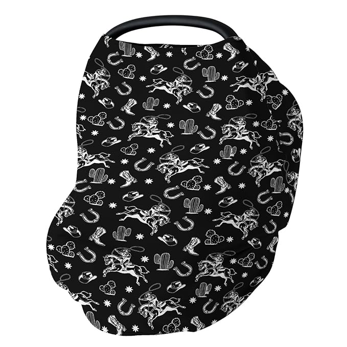 Country Western Car Seat Cover for Baby Cowboy Hat Boots Horse Cactus Stretchy 5-in-1 Covers Adjustable Car Canopy Breastfeeding Cover Wild West Desert Breathable Nursing Cover-Up