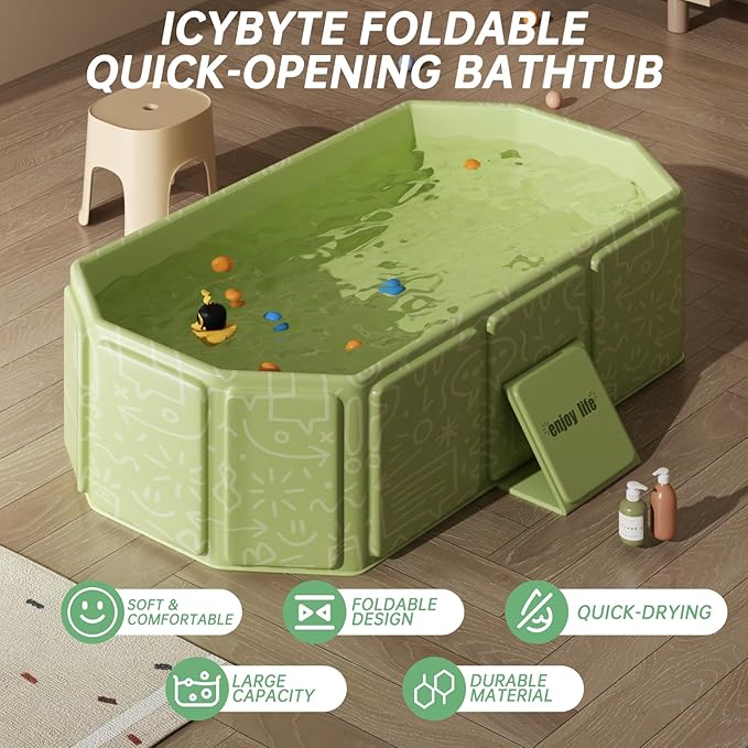 Collapsible Baby Bathtub for Infants & Toddlers, Foldable & Leak-Proof, Reinforced Durable Structure, Heat-Resistant, Easy Storage for Small Spaces, Graffiti Green