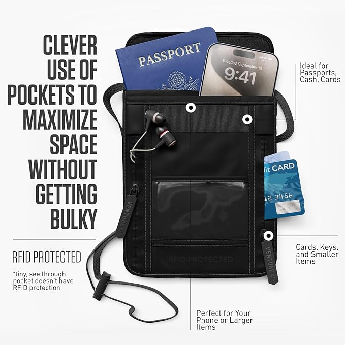 VENTURE 4TH Passport Holder Neck Wallet with RFID Blocking Nylon Lining - Hidden Neck Pouch for Travel (Sleek Black)