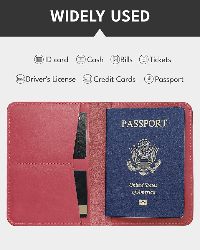ALLIVE Passport Holder for Travel Women Men,Genuine Leather Passport Cover Wallet,Travel Must Haves Airport Essentials Travel Gifts Pink