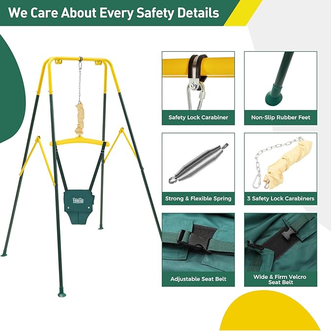 FUNLIO 2 in 1 Swing Set for Toddler & Baby Jumper, Heavy Duty Kids Swing & Bouncer with 4 Sandbags, Foldable Metal Stand for Indoor/Outdoor Play, Easy to Assemble and Store - Green