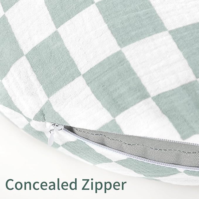 SWESEN Muslin Nursing Pillow Cover, Soft Removable Cover for Breastfeeding Pillows, Pillow Slipcover for Baby Boys and Girls, Comfortable & Breathable, Green Plaid, (Only Cover)
