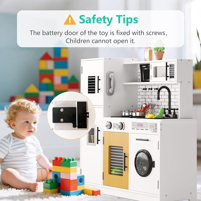 soges Kids Kitchen Playset with Lights & Sounds - 31" H Interactive Pretend Play Toy with Storage Cabinet, Stainless Steel Cookware, Eco-Friendly Design, for Toddlers Ages 3 Years and Over