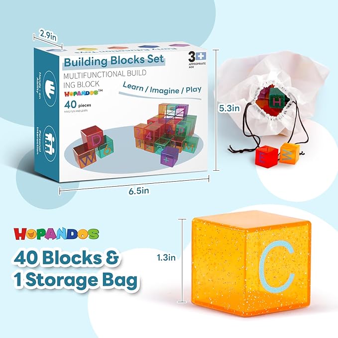 40 PCS Building Blocks for Toddlers, ABC & Number Stacking Blocks Toys for Kids with Color ID Cards, Alphabet Learning and Educational STEM Toy for Boys Girls Gifts 3 4 5 6