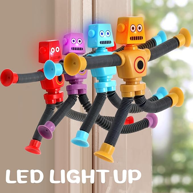 Pop Tubes LED Robot 4 Pcs Light Up Fidget Tubes Sensory Toys Robot Telescopic Suction Cup, Toddler Autism Stress Relief Stocking Stuffers Halloween Party Favors Travel Toys for Kids