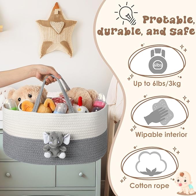 Elephant Diaper Caddy Organizer Cart Storage for Nursery with Handle Baby Shower Basket Gift Baby Bath Caddy for Diapers Wipes Elephant Basket for Nursery(X-Large)