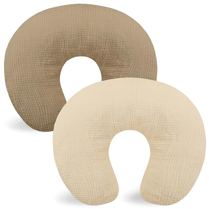 Hooyax Muslin Nursing Pillow Covers 2 Pack, Soft and Breathable Nursing Covers for Breastfeeding Pillows, Adorable Infant Feeding Pillow Slipcover for Baby Boy and Girls (Brown Wheat)