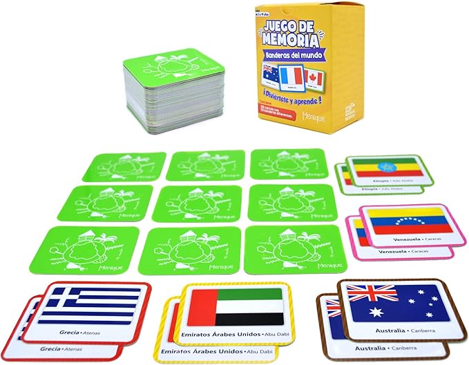 Menique, Juego de Memoria de Banderas del Mundo en español, para niños y adultos. Flags of The World, Memory Matching Game in Spanish, for Kids and Adults, 100 Tiles 50 Pairs.