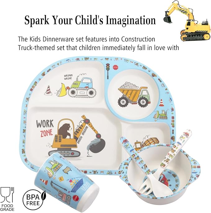 Kids Feeding Set 5 Pcs, Tableware Set for Toddlers Includes Plate Bowl Cup Fork and Spoon Utensil Flatware, Kids Flatware Set Dishwasher Safe, BPA Free (Construction)