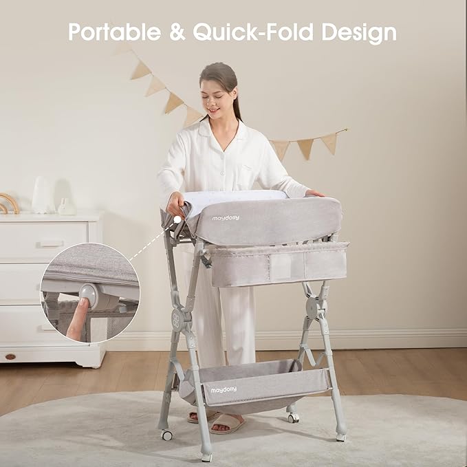 Maydolly Changing Table，Portable Diaper Changing Station, Foldable Baby Changing Table,Compact Nursery Diaper Changing Table for Baby，Adjustable Height，Mobile on Wheels, Grey