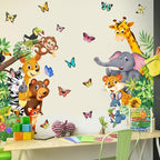 Jungle Animal Wall Decals, Cartoon Animal Sticker Safari Elephant Lion Monkey Wall Decals for Baby Room Playroom Bedroom Classroom Kindergarten Decor