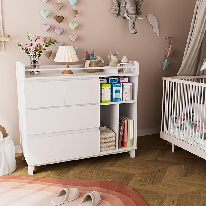 Nursery Dresser with Changing Table Top, Tall Changing Table Dresser of Bedroom, Wooden Dressers & Chests of Drawers, 4 Drawers with 2 Open Shelves, White