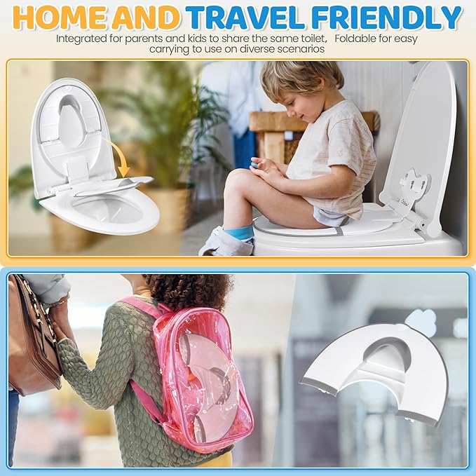 Orzbow Foldable Potty Training Seat, Toddler Toilet Seat for Travel with Suction Cups for Adult Toilets | Firmly Adhere and Adjustable Length | Non-Slip with Splash Guard, Easy to Clean, White