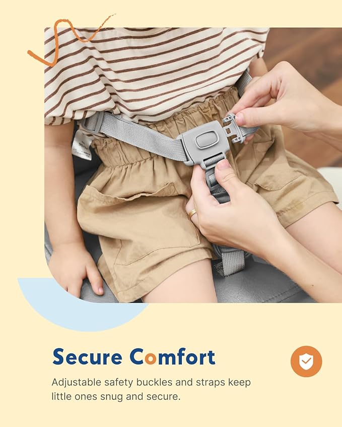 HOMEAL Booster Seat for Kitchen Chair - Compact Toddler Dining Seat with Easy-Install Straps & Wipeable Surface - Breathable Fabric Booster Seat for Table - Light Gray