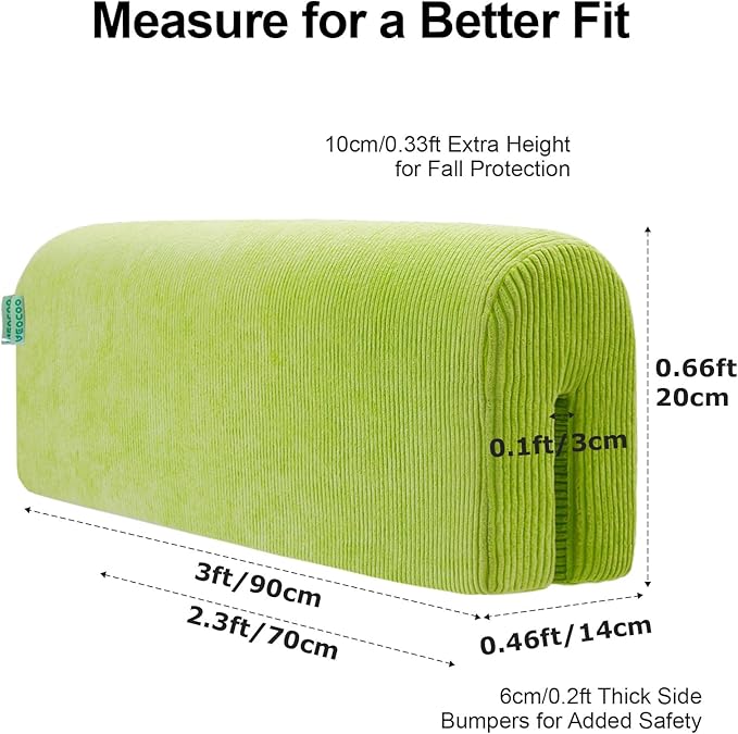 Bed Rail Bumpers Protector, Hospital Bed Rails Padding, Loft Beds and Bunk Beds Bumpers Protector, Premium Soft Memory Foam - Anti-Bump | Fall Prevention, Size 35.4 x 5.5 x 7.9 Inches, Green