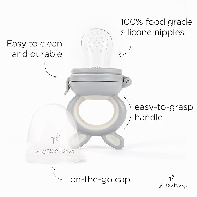 Moss and Fawn Little Explorer Kit - Silicone Frozen Breast Milk Popsicle Kit with Forage Feeder, Teething Popsicle Ice Cube Tray, & Gather & Roll Baby Feeding Bib - BPA, PVC, & Lead-Free - Dew