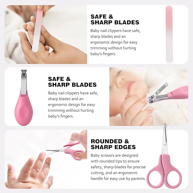 Baby Grooming Kit,Baby Health Care Kit,Baby Brush Soft Bristles 5 pcs Baby Nail Kit Nursery Care Kit Baby Hair Brush Hair Comb Nail Kit Safety Cutter Nail Clipper Set Pink