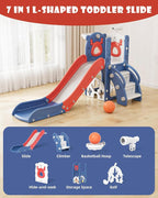 XJD 7 in 1 Toddler Slide, Kids Indoor Slide for Toddlers 12-36 Months, New Upgrade with Golf, Basketball Hoop for Indoor Outdoor Playset,Toddler Playground (Blue Red)