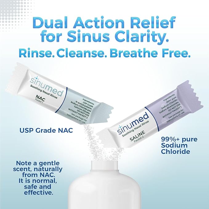 Sinus Rinse, 30PK Nasal Rinse Packets with NAC and Saline, Squeeze Bottle, Alternative to Neti Pot, Helps with Allergy, Congestion, Cold Symptoms