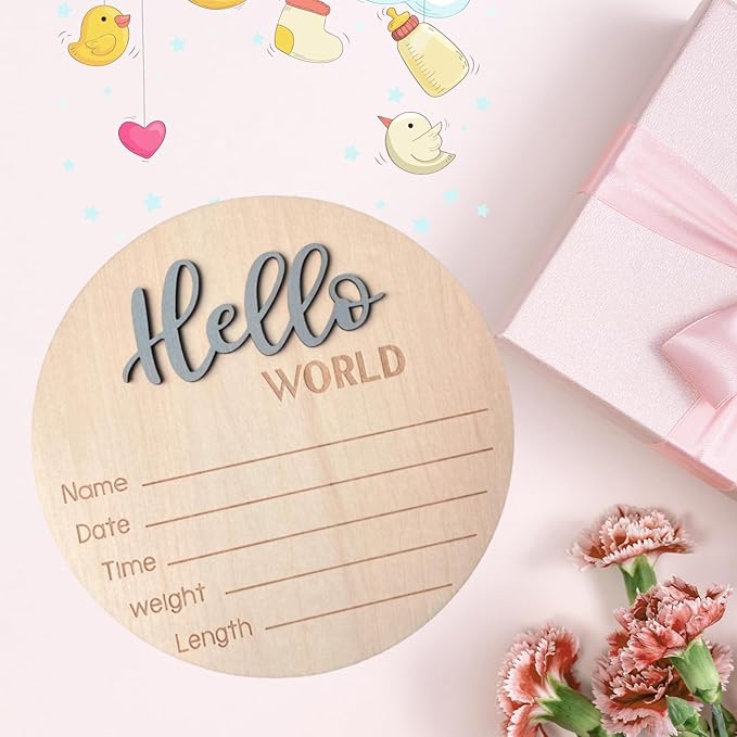 Baby Announcement Sign, 5.9 Inch Wooden Hello World Newborn Signs, Birth Announcement Sign, Baby Shower Hospital Nursery for Newborn Boys and Girls (Gray)