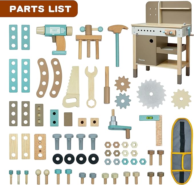 Kids Tool Set,Wooden Tools Bench with Apron Toddler Toy Workbench with Realistic Tools Electric Drill STEM Construction Toy Gifts for Age 3-9 Boys Girls