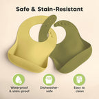 KeaBabies 2-Pack Silicone Baby Bibs for Eating - Sturdy Food-Grade Silicone Bibs for Babies Girl, Boy, Large Food Catcher, Clean & Put On Easily, Waterproof Toddler Feeding Essentials (Olives)