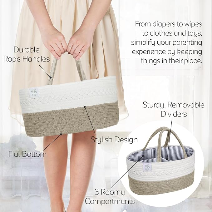 KiddyCare Woven Diaper Caddy Organizer, Large Gray Multi Functional Portable Baby Basket with Handle, Baby Gift for Boy/Girl Nursery Storage, Organization, and Modern Car Diaper Caddy Natural Large