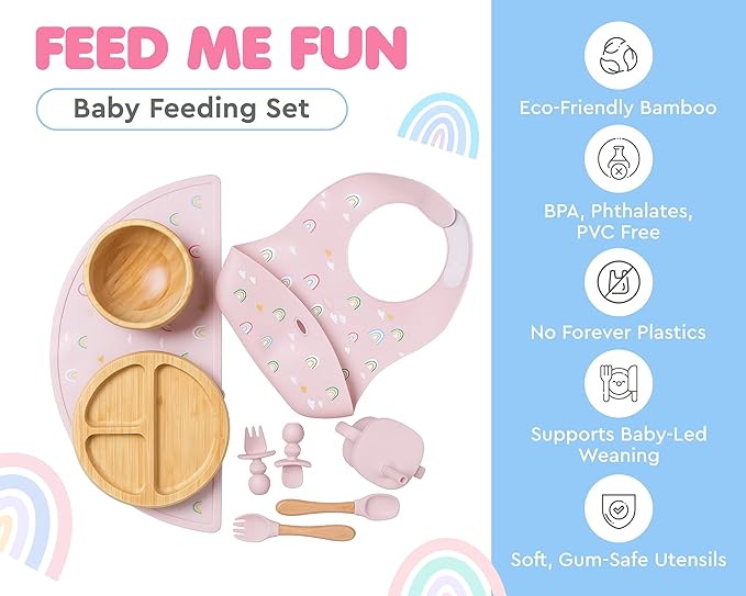 Bamboo Baby Feeding Set for Infants & Toddlers - Baby Essentials, Non-Toxic, Sustainable, Bamboo Suction Plate & Bowl, Bib, Sippy Cup w/Lid & Straw, Daily Use, Travel, Baby Shower Gifts (Pink)