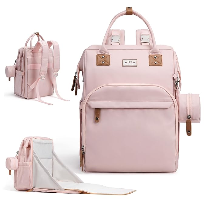 Diaper Bag Backpack, Multifunction Diaper Bag with Changing Pad, Baby Diaper Bags for Boys Girls, Stylish Large Capacity Travel Backpack for Moms Dads, Baby Shower Gifts,Unisex – Pink