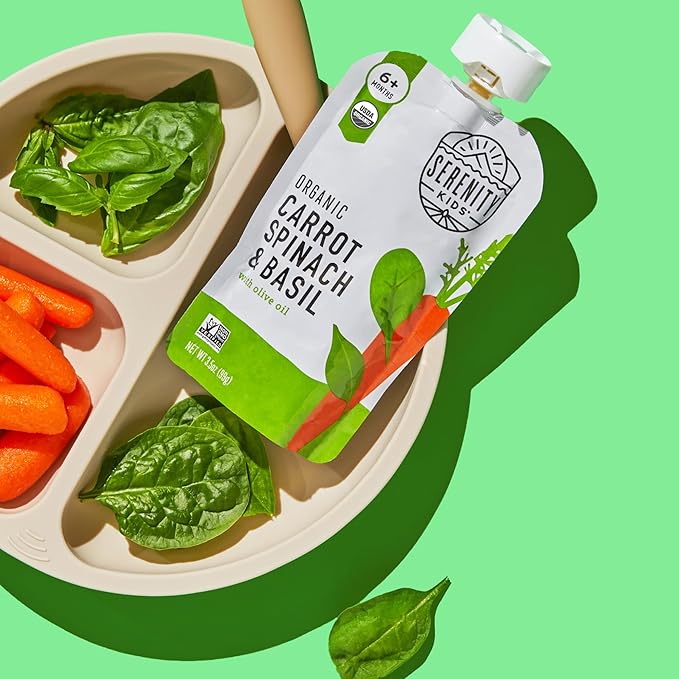 Serenity Kids 6+ Month Organic Veggie Puree Baby Snacks Pouches - Carrot, Spinach & Basil - No Sugar Added, BPA Free & Allergen Free Baby Puree Pouches - 3.5 Oz, 6 Pack