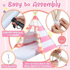 6 Pack Sleepovers Teepee Tent for Kids Bulk with Mattress Sheet Light,Natural Cotton Washable Indoor Play Tent for Birthday Slumber Party Girls Boys Pajama Movie Night Supplies(Pink, White)