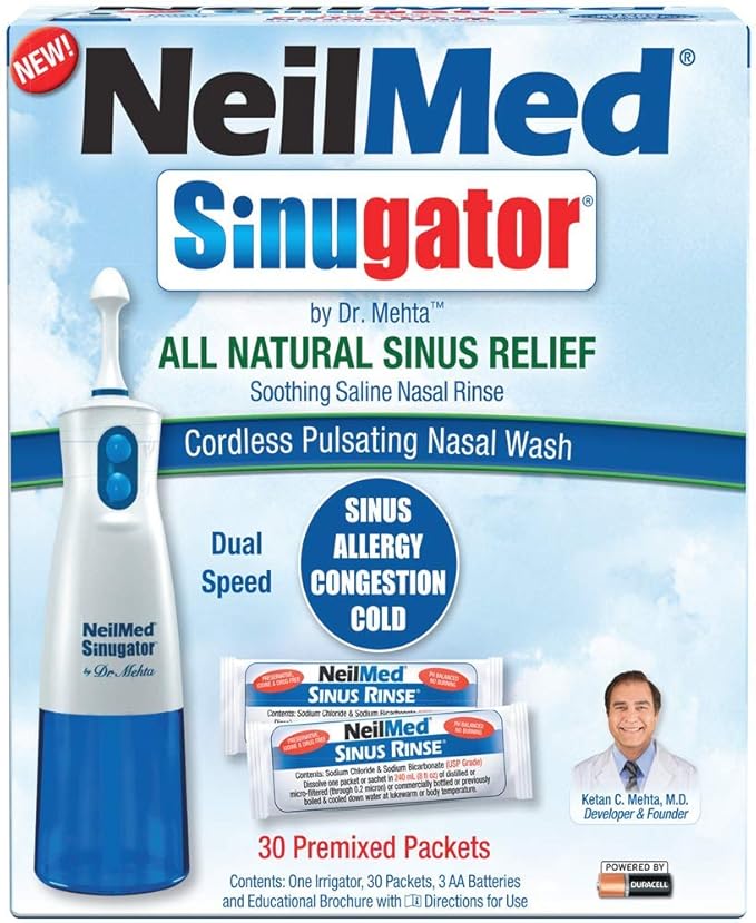 NeilMed Sinugator Cordless Pulsating Nasal Wash with 30 Premixed Packets