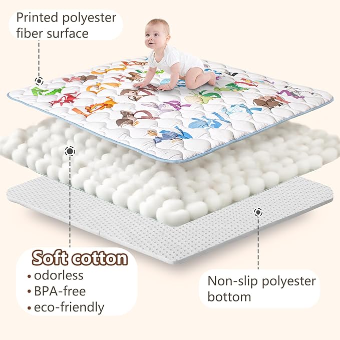 Baby Play Mat, 50x50 Playpen Mat with Super Soft Touch, Activity Mats with Upgraded Anti-Slip Bottom, Machine Washable Crawling Mats for Floor & Picnic (Animal Alphabets)
