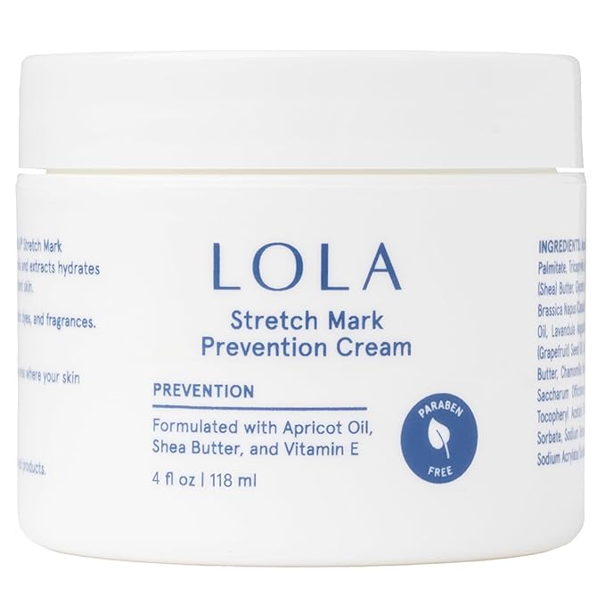 LOLA Stretch Mark Prevention Cream with Hydrating Body Oil for Skin Elasticity - Gentle Hypoallergenic Maternity Self Care Formula - Cocoa Butter Scar Cream & Collagen Support - 4 Fl Oz