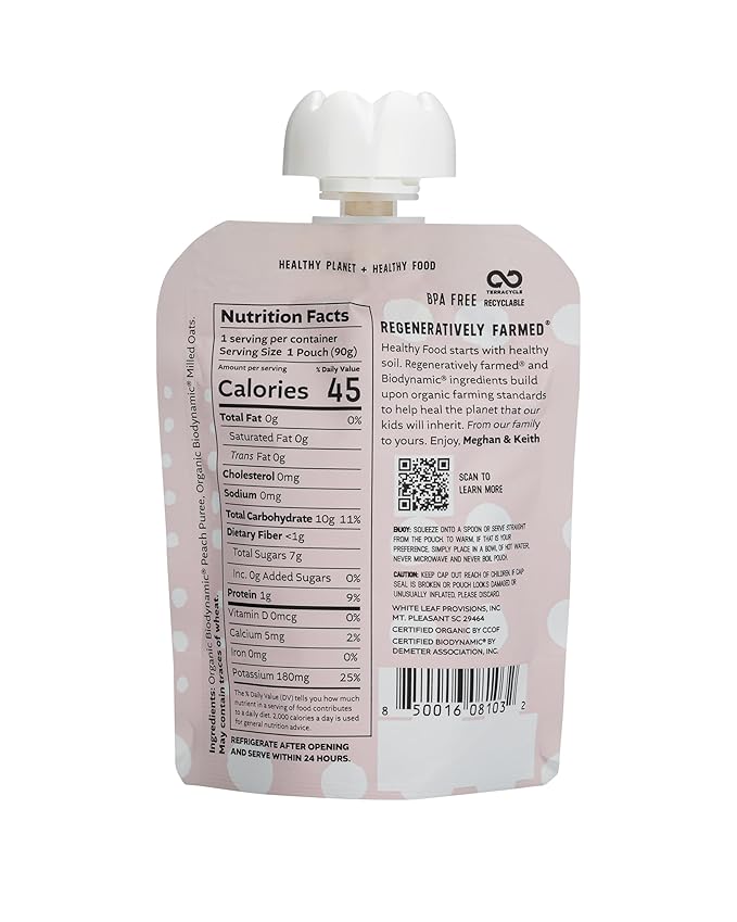 White Leaf Provisions Organic Purees/Baby Food Pouches - Fruits, Veggies & Grains, Toddler snack, Regeneratively Farmed, No Added Sugar, Non-GMO, BPA-Free Pouches 3.17 oz (Pack of 24, Peach + Oat)